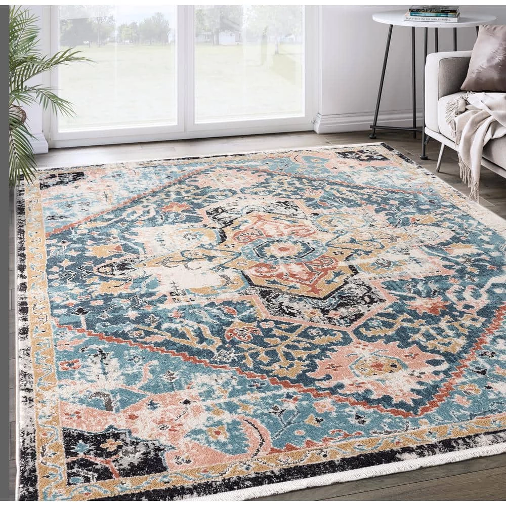 Azure Blue 6 ft. x 9 ft. Oriental Polyester Area Rug by Abani 8 Azure Blue 6 ft. x 9 ft. Oriental Polyester Area Rug by Abani - Image 6