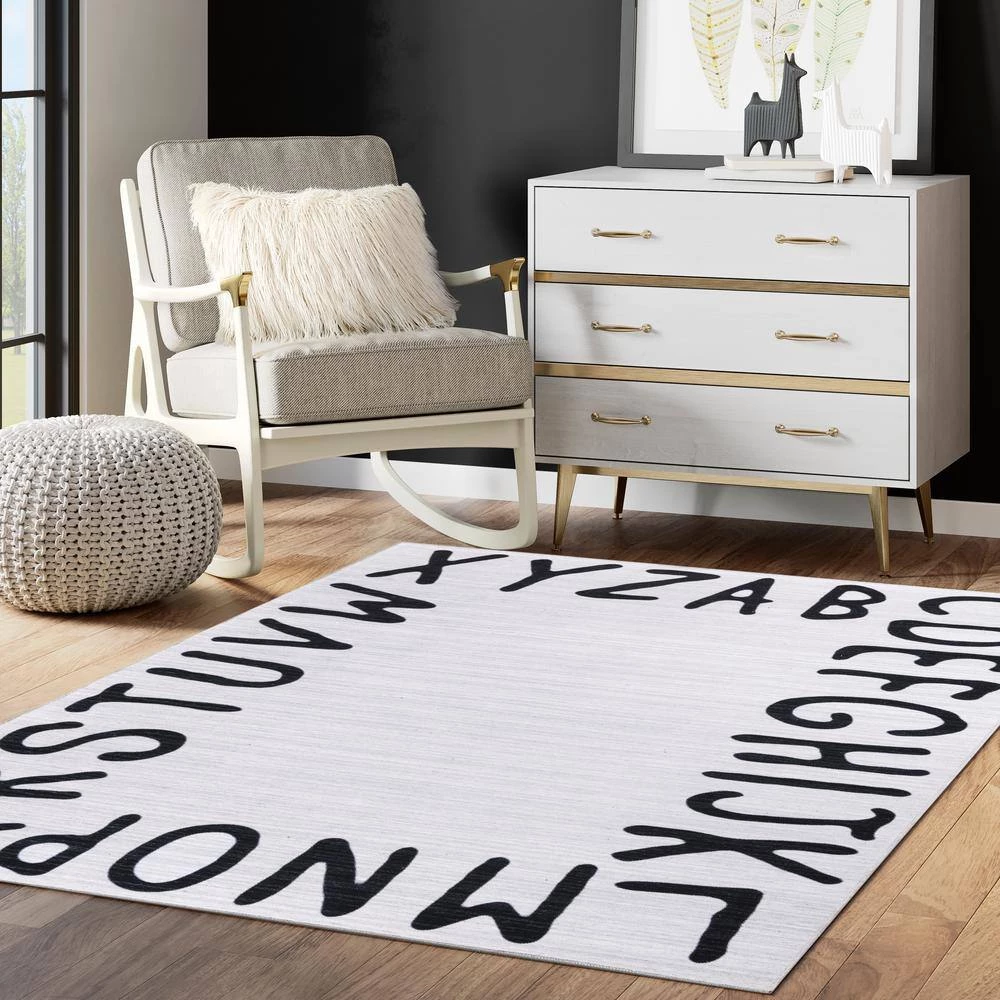 Abani Rugs Parker PAR100A Alphabet Cream and White 5 ft. 3 in. x 7 ft. 6 in. Area Rug 8 Abani Rugs Parker PAR100A Alphabet Cream and White 5 ft. 3 in. x 7 ft. 6 in. Area Rug - Image 6